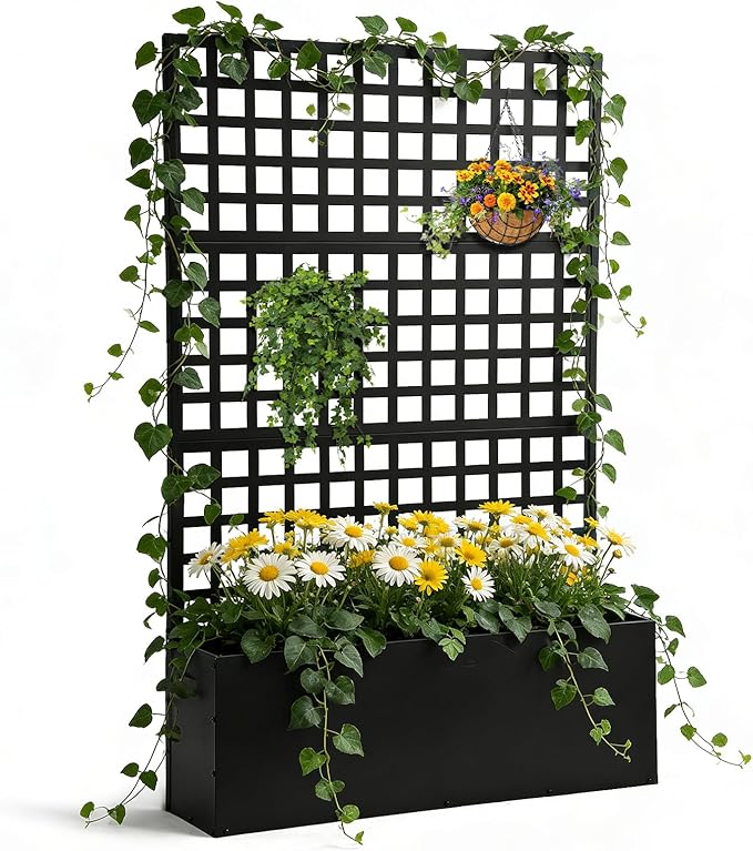 Metal Privacy Planter Box with Trellis Raised Garden Bed Privacy Screen with Drainage Holes Outdoor Metal Planter Box for Climbing Plants Patio &amp Garden 70 x 46 x 12 Black (1)