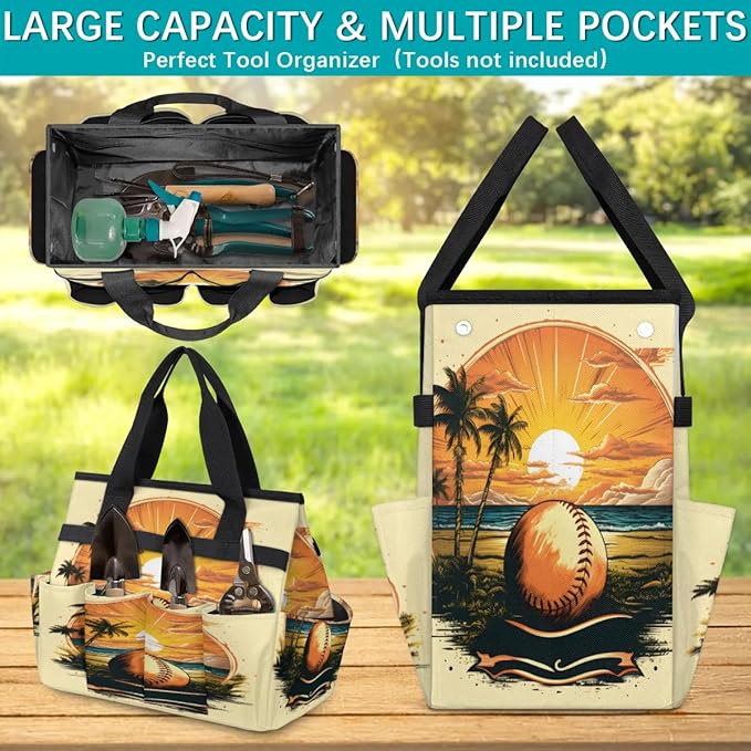 Sunset Coconut Volleyball Garden Tool Bag Waterproof Garden Tool Storage Bag Heavy Duty Oxford Gardening Tool Bag with Handle &amp 10 Pockets for Men Women Outdoor Garden Lawn Yard