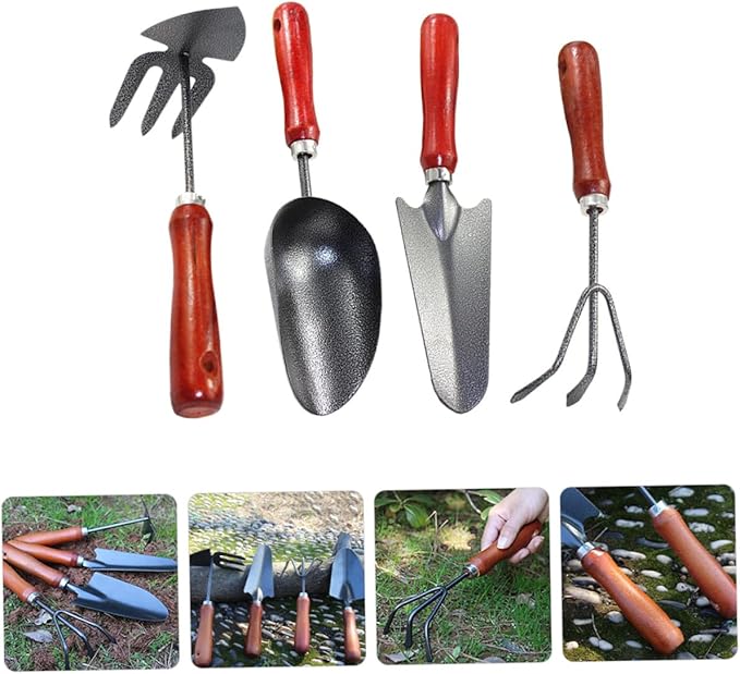 Beaupretty Garden Tool Set 4pcs Mini Spade Shovel with Extended Narrow Blade 3-Prong Cultivator Dual-use Hoe Rake and Soil Scoop for Precise Weeding and Planting in Pots and Gardens
