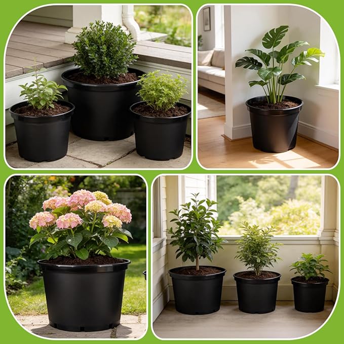 3/5/7 Gallon Nursery Pots 9 Pack Set Plastic Planter with Drainage Holes – Round Sturdy Deep Design for Indoor/Outdoor Plants
