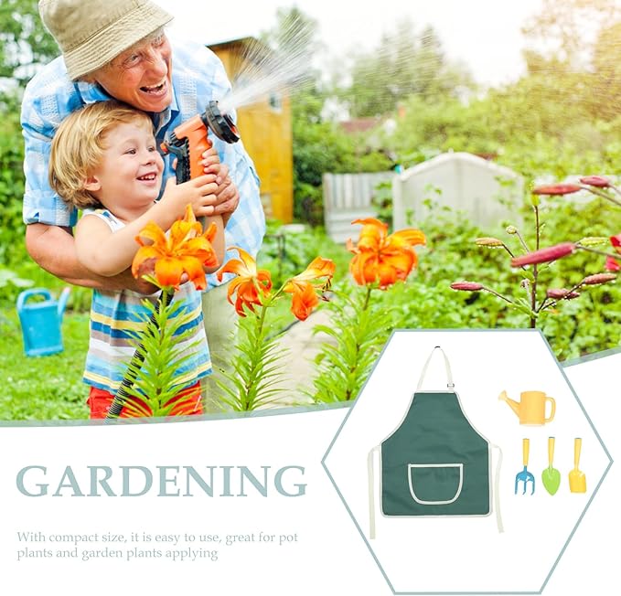 Planting Tools Garden Shovel Rake Watering Can Set with Apron for Outdoor Gardening and Flower Planting Mini Metal Hand Tools for Boys