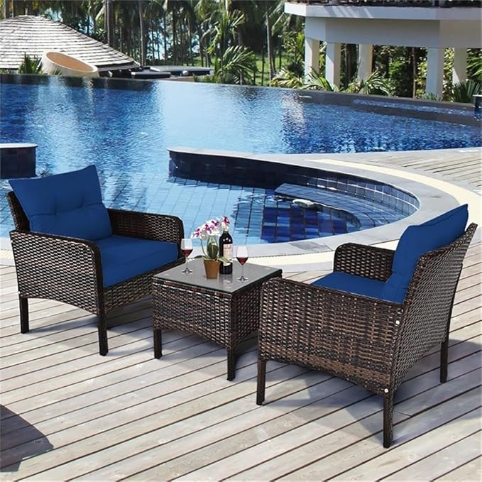 Pemberly Row 3-Piece 26'' Rattan Conversation Set Outdoor Seating Ensemble Built for Casual Comfort and Interaction Navy