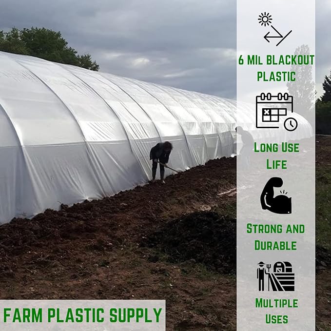Farm Plastic Supply - Panda Film Light Deprivation Greenhouse Cover - 6 mil - (32' x 150') - 100% Blackout Tarp Black White Plastic Sheeting Green House Poly Film