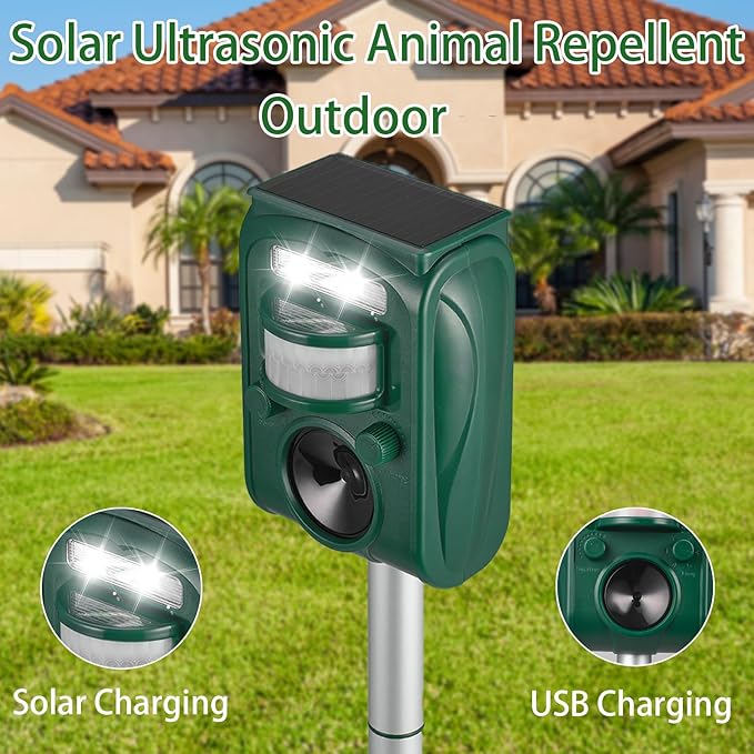 Solar Ultrasonic Animal Repellent Outdoor Squirrel Deer Repellent Devices Motion DetectionIP65 Waterproof Cat Mouse Raccoon Dog Bird Repellent Deterrent 2 Pack