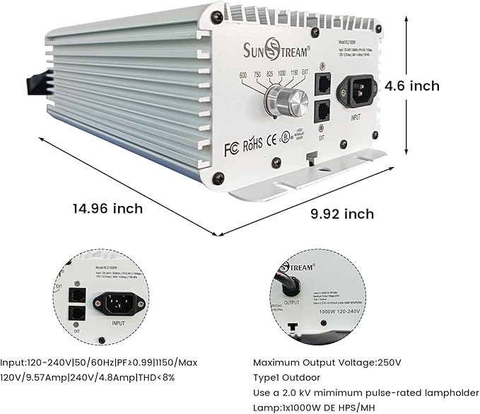 Raylux Grow Light System Kits with Controller Port1000 Watt DE Double Ended HIDOpen Style Reflector with 220V Digital Dimmable Ballast - Bulb Not Included