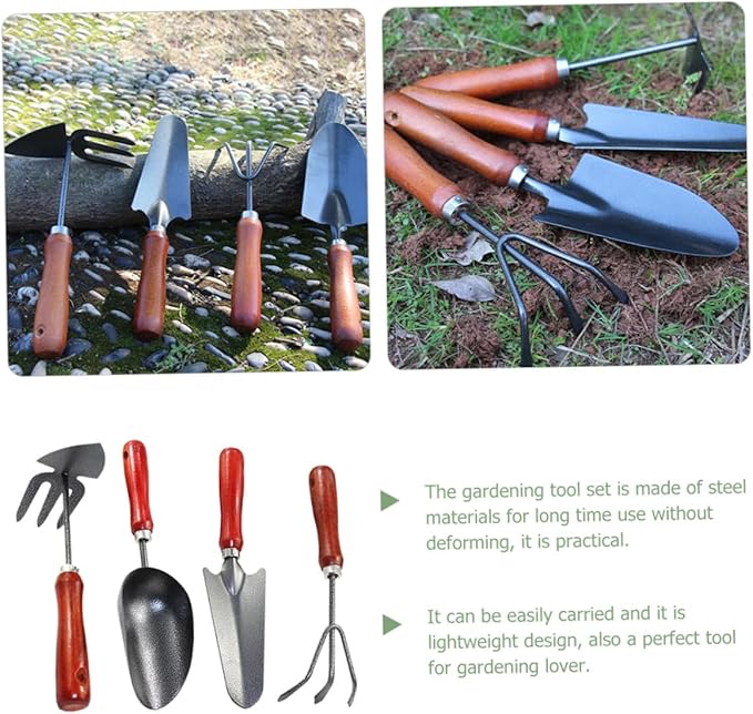 GANAZONO Garden Tool Set 4pcs Hand Trowel and Spade Shovel for Gardening Mini Narrow Shovel with Extended Handle Dual-use Cultivator and Rake Soil Scoop for Planting and Potting
