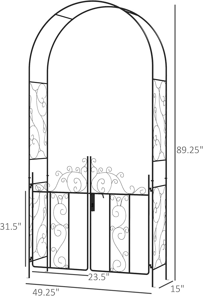 7.5' Metal Garden Arch with Gate Garden Arbor Trellis for Climbing Plants Roses Vines Wedding Arch for Outdoor Garden Lawn Backyard Black