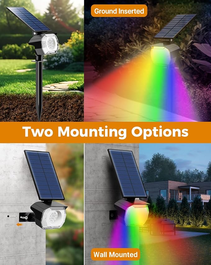 btfarm Solar Lights Outdoor Waterproof IP65-2 Pack LED Color Changing Spot Light 7 Lighting Color RGB Powered Spotlights Uplight for Yard Tree Landscape Garden Christmas Halloween