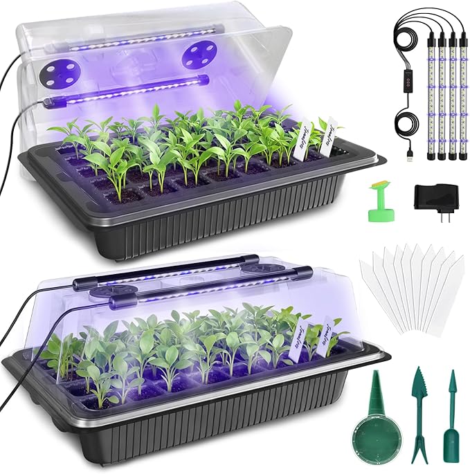 MQUPIN 80-Cell Seed Starter Tray with Grow Light 2-Pack Adjustable Brightness Seed Starter Kit with Humidity DomeSmart TimerWatering SprayerSeederPlant Germination Kit for Seeds Growing