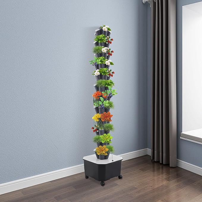 12-Tier Hydroponic Growing Tower 60-Plant Indoor Gardening System w/Automatic Water Circulation Vertical Aeroponic Tower Garden for Herbs Vegetables Fruits (Grey 60-Plants)