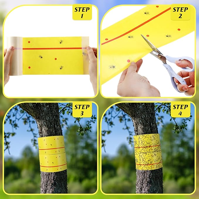 12 Rolls (30 Feet Each) Spotted Lantern Fly Tree Trap Outdoor Fruit Fly Sticky Strips Paper Ant Insect Sticky Barrier Tree Trunk Wraps to Protect Trees Plants Lawn Garden(Yellow and Red)