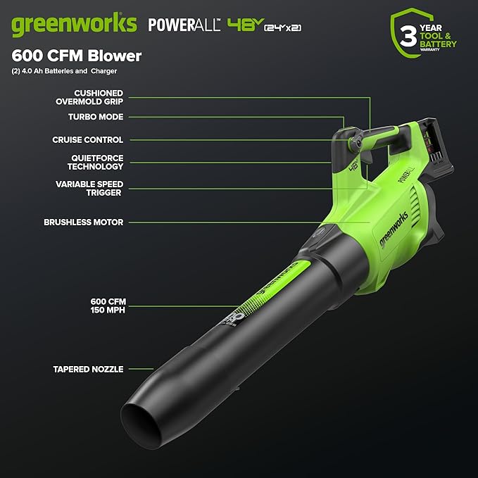 Greenworks 48V (24V x 2) Brushless Axial Leaf Blower (600 CFM / 150 MPH) Powerful for Large Yard Driveway Patio and Deck Cleanup Includes (2) 4.0Ah Batteries and 100W GaN Charger