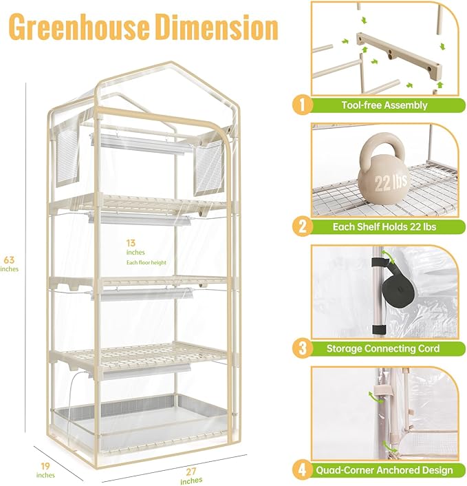 Mini Indoor Greenhouse with Grow Light4 Tiers Plant Shelf with 1.6FT 20W Full Spectrum Grow Light with Timer for Seed Starting Ventilation Window &amp Bottom Pouch 27 L x 19 W x 63 H