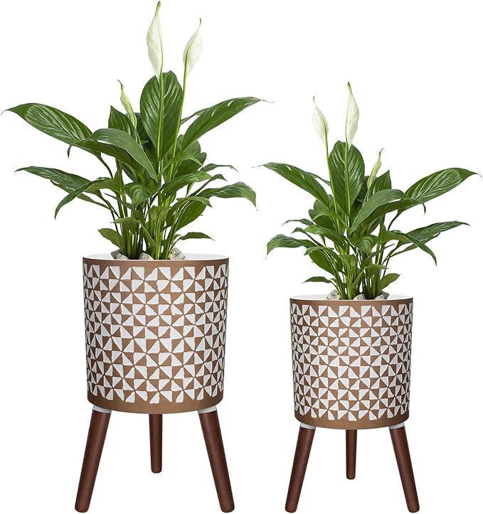 10 &amp 12 Inches Plant Pot with Stand Large Modern Standing Planters for Indoor Outdoor Plants with Drainage Holes Big Gold Floral Embossed Flower Pots with Legs