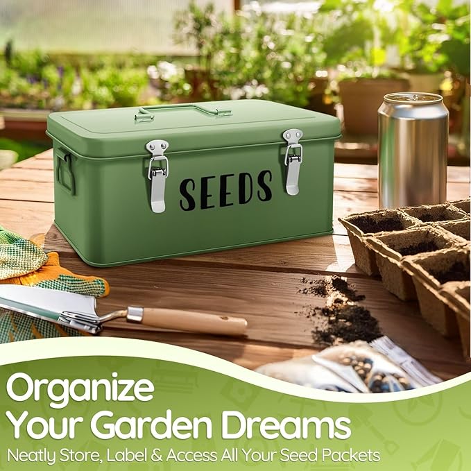 Flexzion Seed Saving Box - Metal Seed Storage Organizer Box with Lid 4 Spacious Compartments Storage Bin for Garden Tools &amp More with Safety Locks Green
