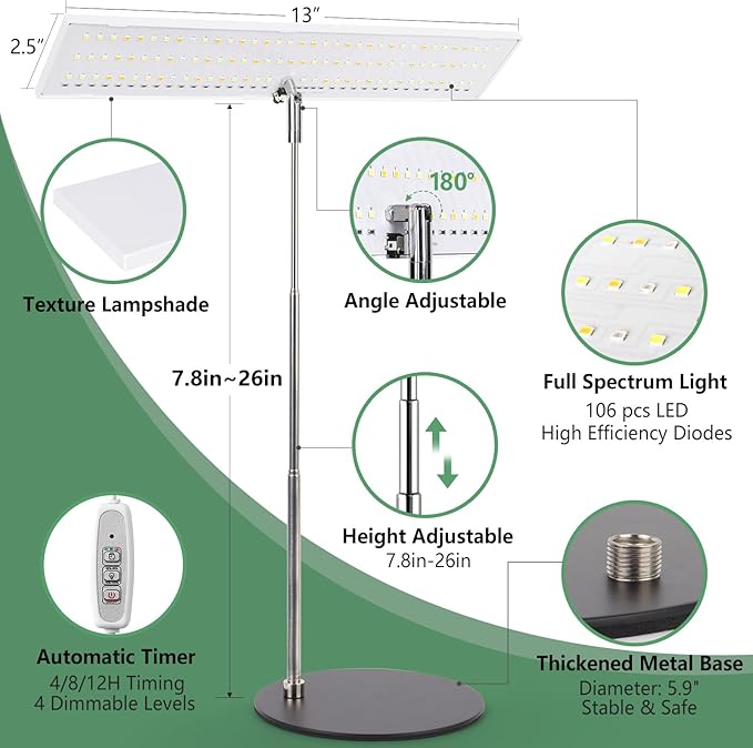 LORDEM Grow Light for Indoor Plant Full Spectrum LED Plant Light Height Adjustable Growing Lamp with Auto On/Off Timer 4H/8H/12H 4 Dimmable Brightness Ideal for Home Desk Plant Lighting 2 Pack
