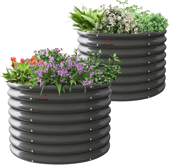 A ANLEOLIFE 2-Pack 3ft x 24” Tall Galvanized Raised Garden Beds Outdoor Round Metal Planter Box for Planting Vegetables Flowers Herb Anti-Rust &amp Easy-Setup Quartz Grey