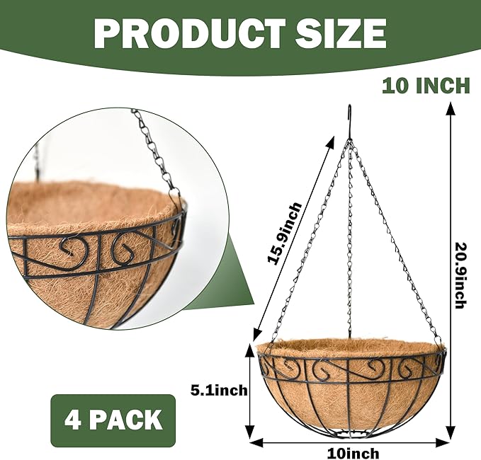 4 Pack 10 Inch Hanging Baskets for Plants Outdoor Metal Hanging Planter Basket with Coco Coir Liner Hanging Flower Baskets Hangings Flower Pots Holder for Garden Patio(Flower)