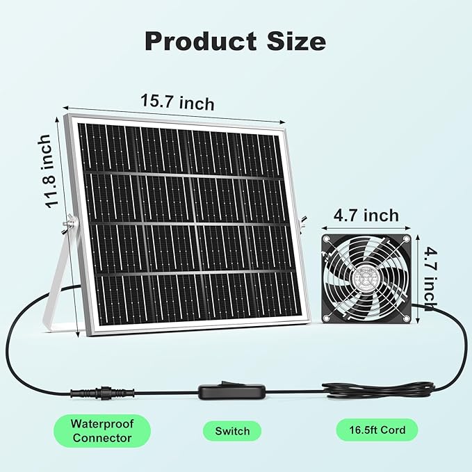 Solar Greenhouse Fan 3 Kit 30W Large Solar Powered Exhaust and Intake Fan Outdoor Waterproof Strong Airflow 16.5ft Cord for Chicken Coop Grow Tent Shed Air Ventilation and Circulation
