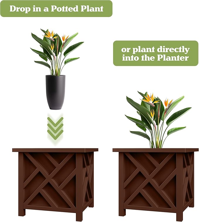 Lattice Design Planter Box - 15.5-Inch-Square Decorative Outdoor Flower or Plant Pot - Front Porch Patio and Garden Decor by Pure Garden (Brown)