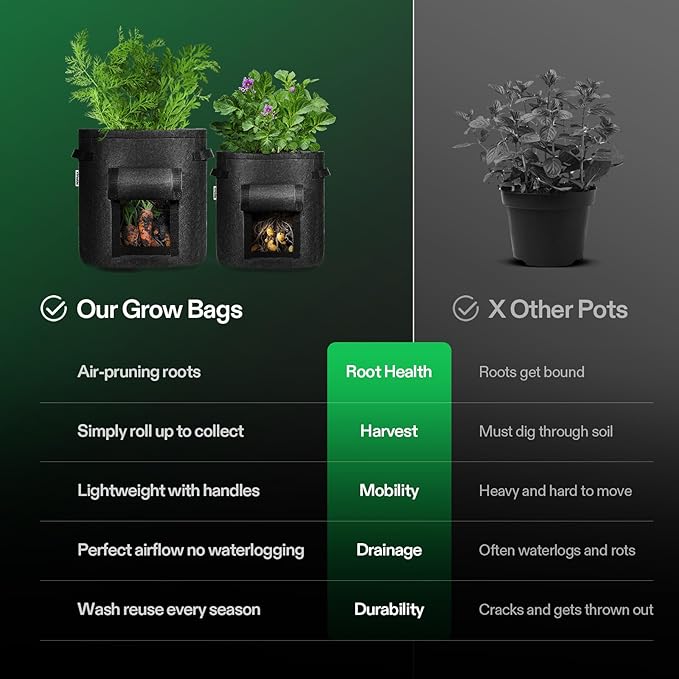 VIVOSUN 5-Pack 7 Gallon Potato Grow Bags Fabric Pots With Handle and Roll-up Window Planter Containers for Growing Potatoes Black