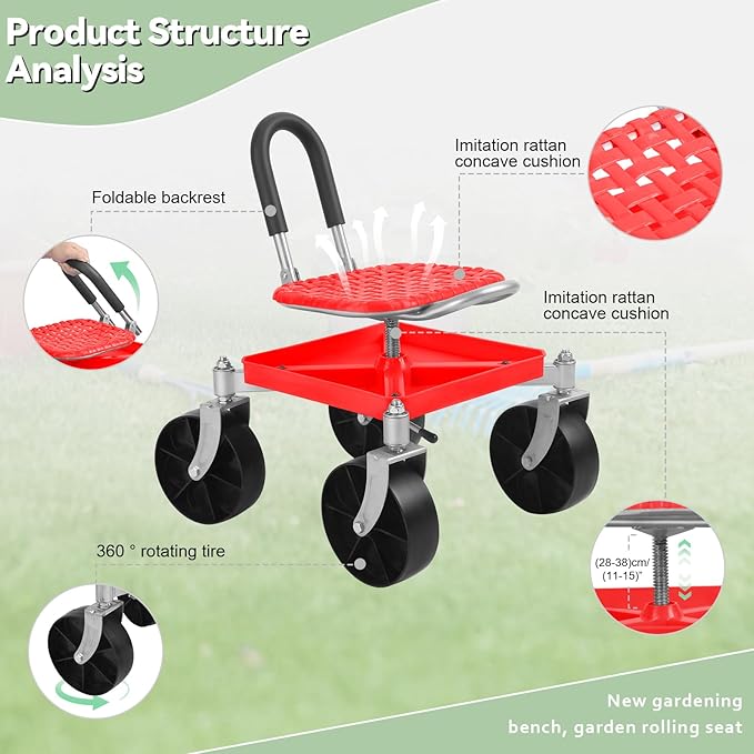 Gardening Rolling Seat Stools Chair for Seniors Height Adjustable Rolling Garden Cart with Seat 360 Degree Swivel Gardening Stool with Tool Tray Workseat for Gardeners Elderly Seniors (Red)