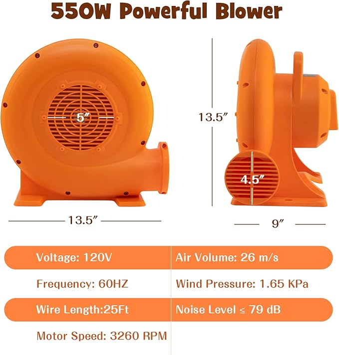 Costzon Air Blower 0.7HP Blower for Bounce House with 25FT SJTW Wire &amp Stakes GFCI Plug ETL 550W Perfect for Inflatable Bouncer Blower Orange IPX4 Air Blower for Inflatables