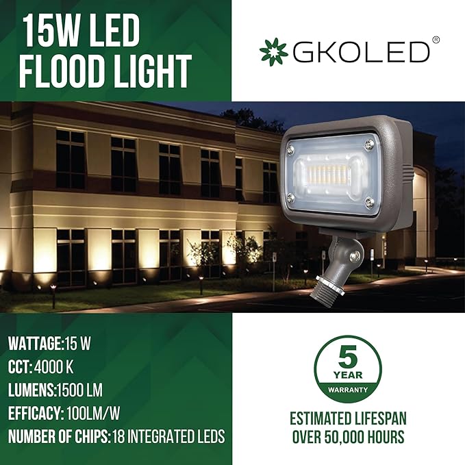 GKOLED 15W Outdoor LED Flood Security Lights Waterproof Landscape Lighting 50W PSMH Equivalent 1500 Lumens 4000K Cool White 1/2 Adjustable Knuckle Compact Size UL-Listed