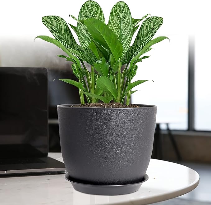 12/10/9 Large Modern Plant Pots Plastic Planters with Drainage Holes and Saucers for Indoor Outdoor Plants Flowers Black