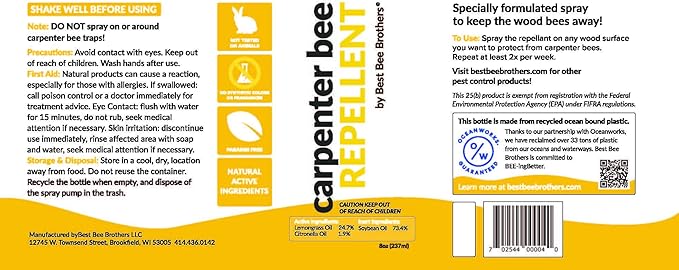 Best Bee Brothers Citrus Carpenter Bee Spray Effective Long-Lasting Citrus Spray Made with Essential Oils 8 Oz. (4 Pack)
