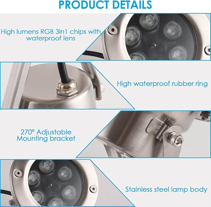 Underwater LED Lights 18W RGB Color Changing Spotlights IP68 Waterproof Submersible Spotlights Suitable for Garden Yard Lawn Pathway （Not Include Transformer）