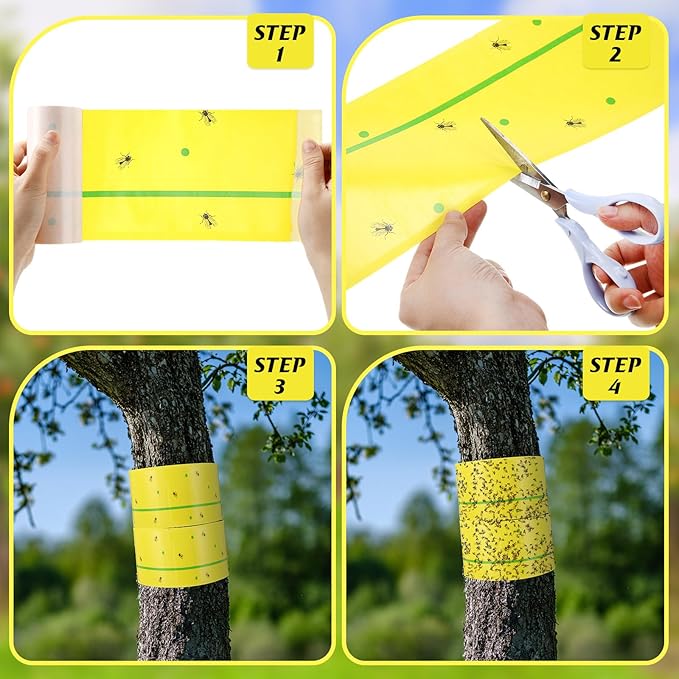 12 Rolls (30 Feet Each) Spotted Lantern Fly Tree Trap Outdoor Fruit Fly Sticky Strips Paper Ant Insect Sticky Barrier Tree Trunk Wraps to Protect Trees Plants Lawn Garden(Yellow and Green)