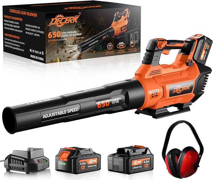 Decerk 21V Leaf Blower Cordless Electric Snow Blowers with 2X 4.0Ah Battery Lightweight Blower with Turbo Button Variable Speed Dial and Cruise Control for Sidewalks Garages Yards &amp Patios