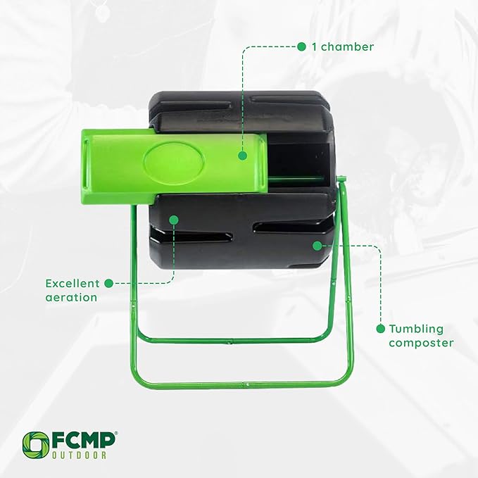 FCMP Outdoor HOTFROG Roto Single Chamber Batch Tumbling Composter - Outdoor Rotating Garden Compost Bin (HF-RM4000) Black &amp Green (37-Gallon)