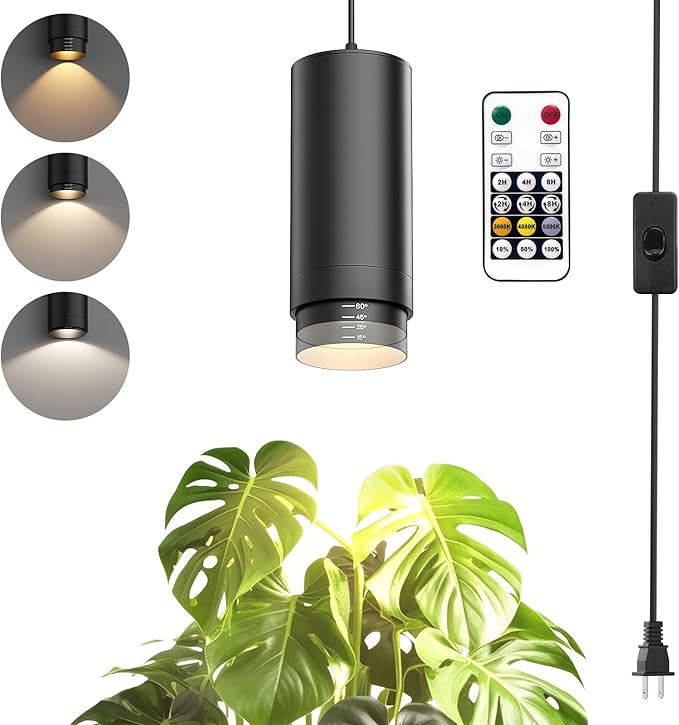 Remote Control Hanging Grow Lights for Indoor Plants 30W Hanging Plant Light with Auto On/Off Timer Full Spectrum LED Grow Light 3000K-5000K Dimmable Plug in Pendant Hanging Lights Black