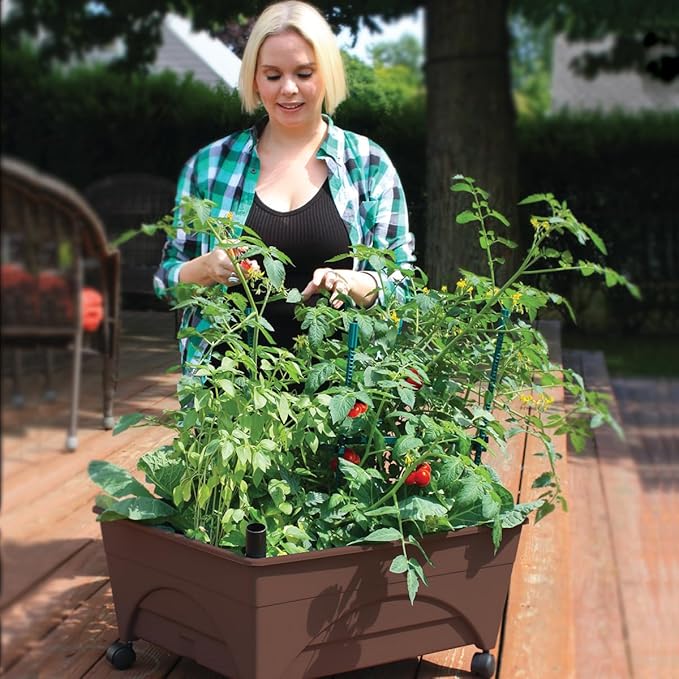 Emsco Group 2345 City Raised Bed Grow Box – Self Watering and Improved Aeration – Mobile Unit with Casters Picker Earth Brown
