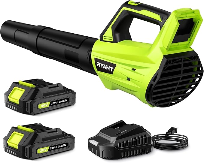 Leaf Blower Cordless Leaf Blower with Battery and Charger - 2 Speed Modes 2 Batteries 20V Powerful Lightweight Electric Blowers for Blowing Leaves Lawn Care Patio Cleaning and Dust Green