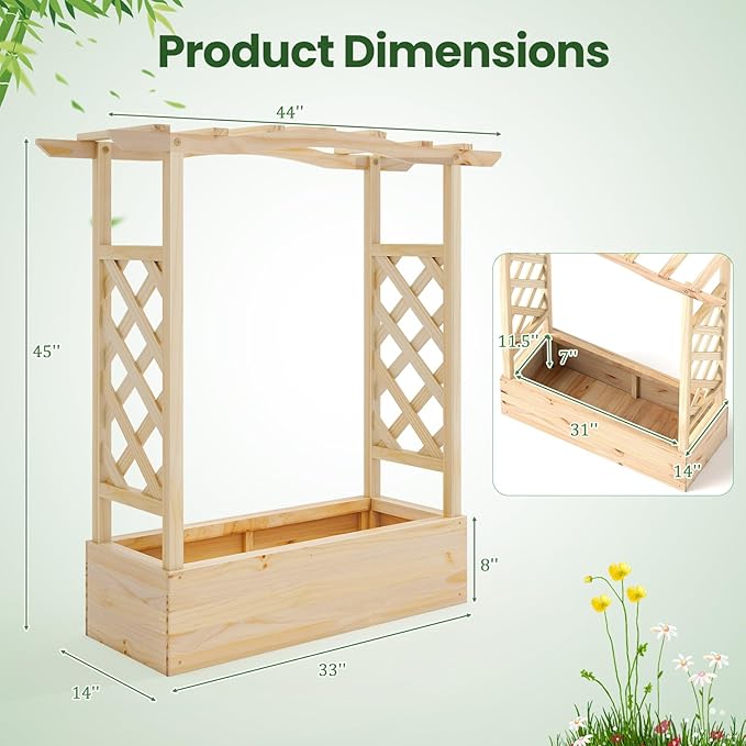 Giantex Raised Garden Bed with Sided Trellis &amp Hanging Roof Wood Planter Box Freestanding Garden Planter Raised Bed for Flowers Herbs Climbing Vines 44”x14”x45” (L x W x H)