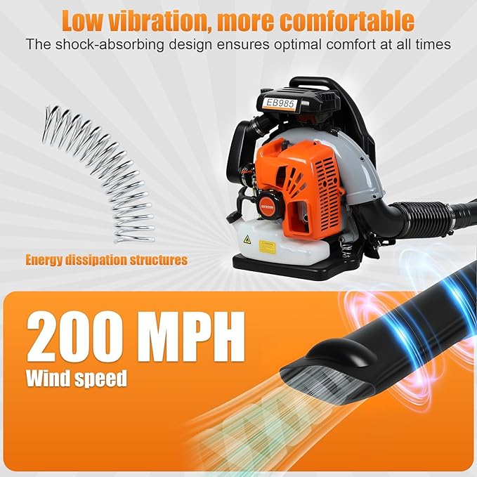 65cc Backpack Leaf Blower - 200MPH Gas Leaf Blower High-Velocity Strong Wind Back Pack Leafs Blowers with 1.7L Tank for Lawn Garden &amp Commercial Use Orange