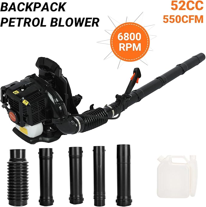 52CC Backpack Leaf Blower 550CFM Gas Leaf Blower 2-Stroke Leaf Blower with Long Nozzle Leaf Blower Gas Powered for Outdoor (52CC Black)