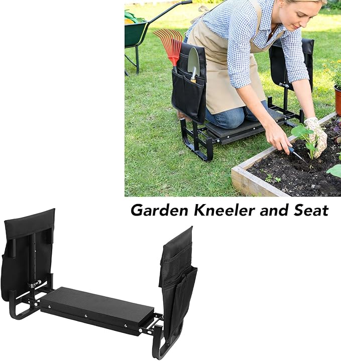 Garden Kneeler Carbon Steel &amp EVA Pad Wide Kneeler Seat 2 Large Tool Bags Garden Stool with Adjustable Height Multipurpose Folding Kneelers for Gardening Camping (Black)