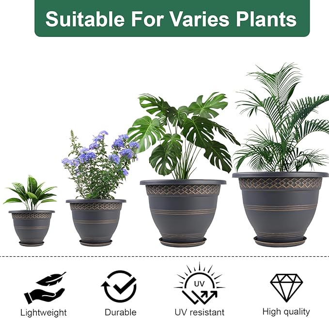 10 Inch 4 Pack Plant Pots Plastic Flower Pot for Indoor &amp Outdoor with Drainage Holes &amp Saucer Plaid Pattern Planters Garden Pots for Herbs