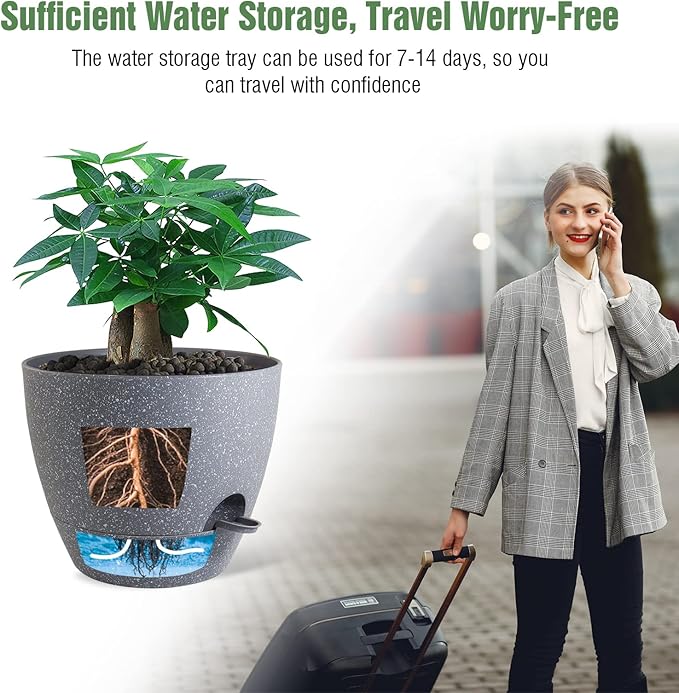 12 inch Large Self Watering Pots Plastic Planters with 60oZ Removable Deep Reservoir and Multi Mesh Drainage Holes for Indoor Outdoor Garden Plants and Flowers Grey Speckles
