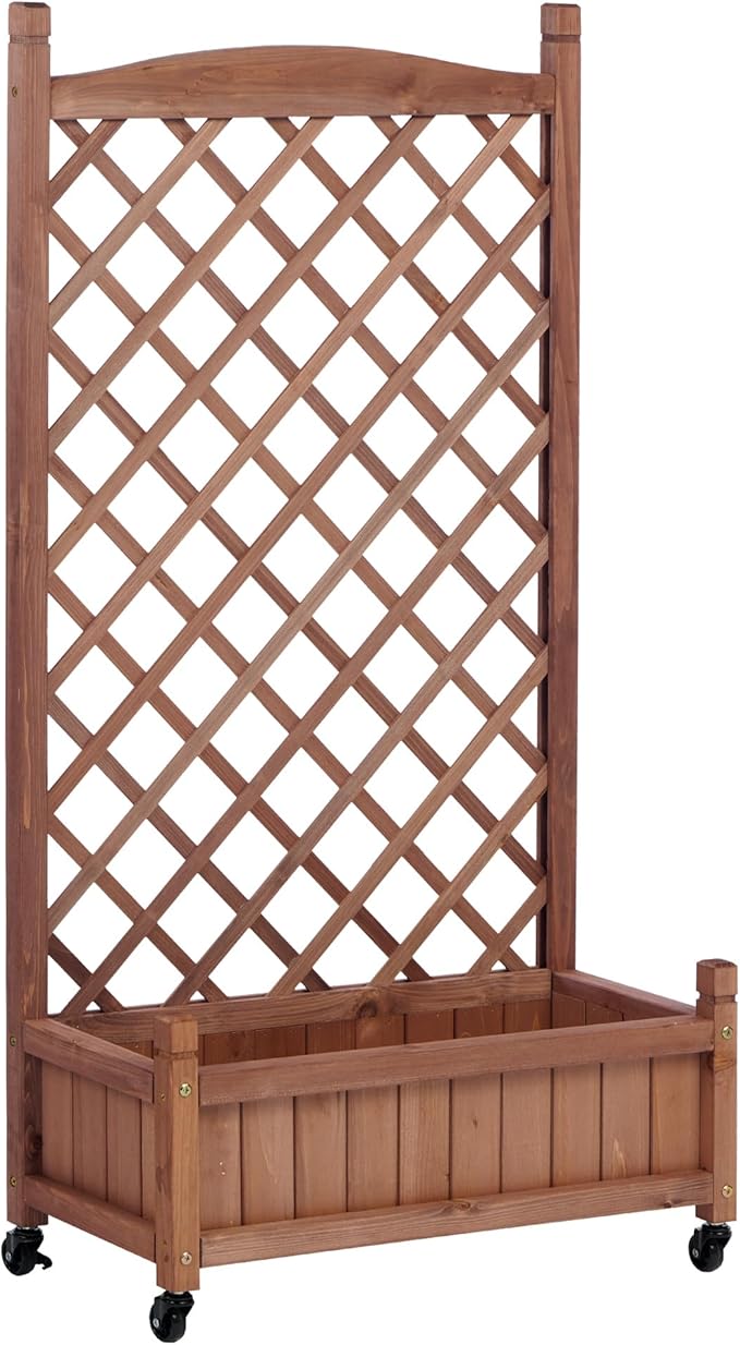 2-Pack Raised Garden Beds with Trellis &amp Wheels – Natural Wood Outdoor Planter Boxes with Climbing Racks Drainage Holes &amp Fixing Device – for Vegetables Flowers &amp Vines