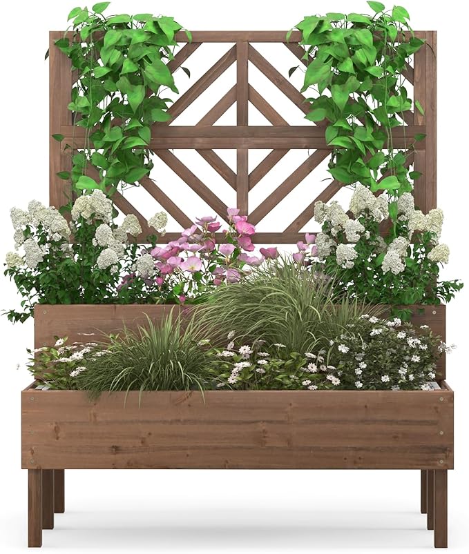 LDAILY Raised Garden Bed with Trellis &amp 2 Planter Boxes 2-Tier Wooden Raised Bed with Bottom Elevated Legs &amp 10 Drainage Holes Gardening Planter Box for Flowers/Vegetables/Fruits in Backyar