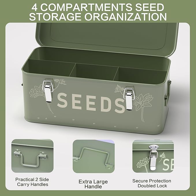 Orionstar Metal Seed Storage Organizer Kit with 30 Bottles &amp Envelopes 4 Compartment Locking Box for Gardening Heirloom Flower Vegetable Preservation Vintage Dark Green Gardener Gift