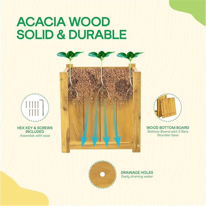 Idzo Set of 2 Acacia Wood Flower Planters for Outdoor Plants Ergonomic Handles Drainage Holes Various Sizes Ideal for Home Décor Golden Teak