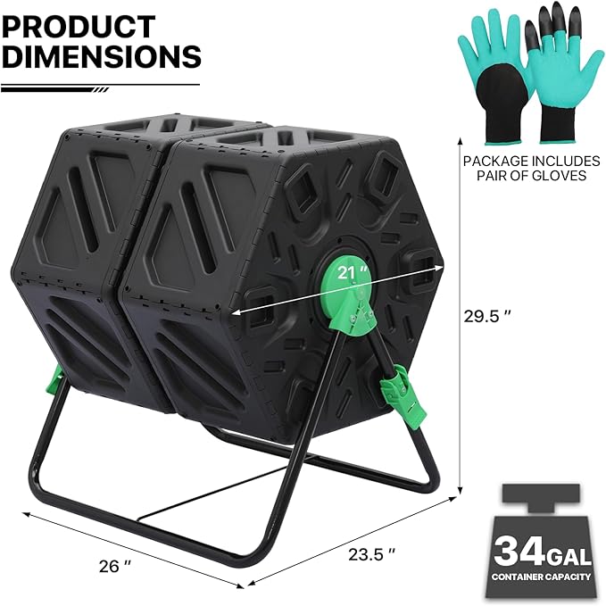 MoNiBloom 34 Gallon Compost Bins Outdoor Dual Chamber Composter Tumbler All-Season Fast Working Tumbling Composter High Volume Composter with 2 Sliding Doors