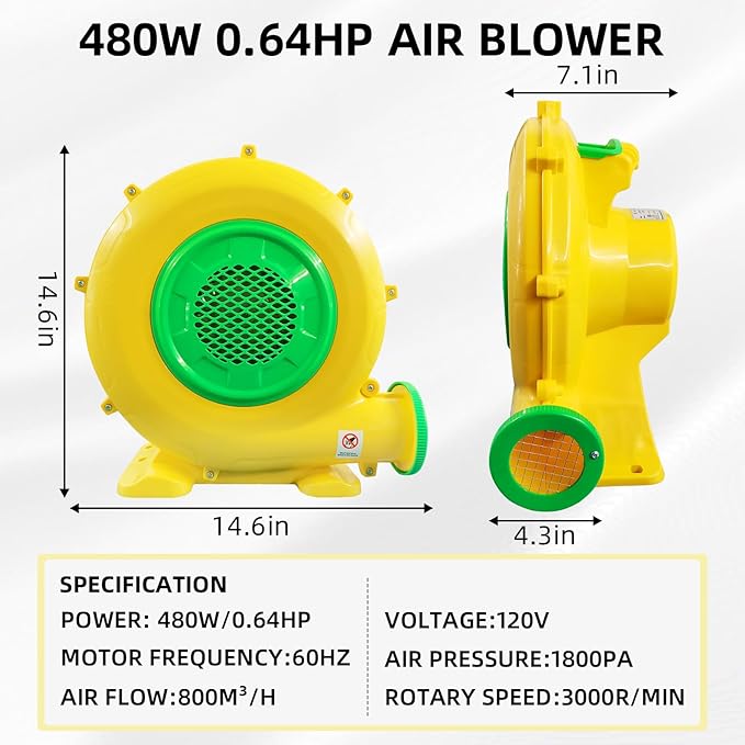 Air Blower 480W 0.64HP Bounce House Blower Portable Inflatable Bubble HOU-se Blo-wer Perfect for Inflatable Bounce House Bouncy Castle Jumper Water Slid Corded(480 Watt 0.6HP)