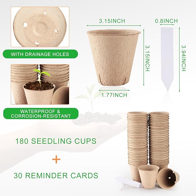 Vesici 220 Pcs Seed Starter Tray Kit Include 180 Peat Pots with Drainage Holes 10 Plastic Growing Trays Plant Germination Trays for Seedling 30 Plant Labels for Greenhouse Seedling